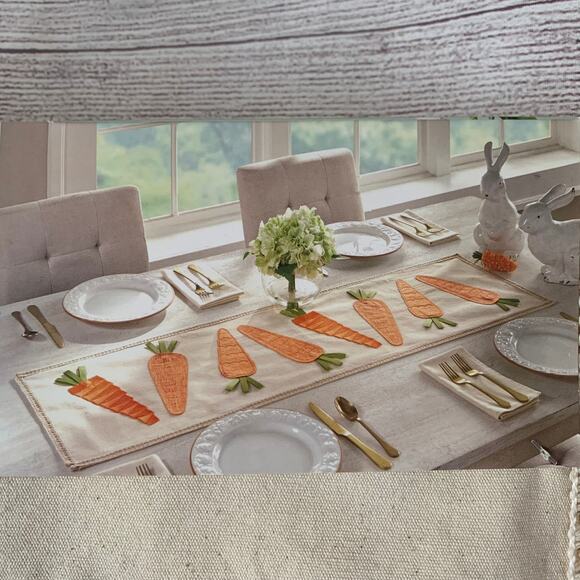 House & Garden Easter Carrot Table Runner Green Ribbon Leaves 14x48 - Picture 7 of 14